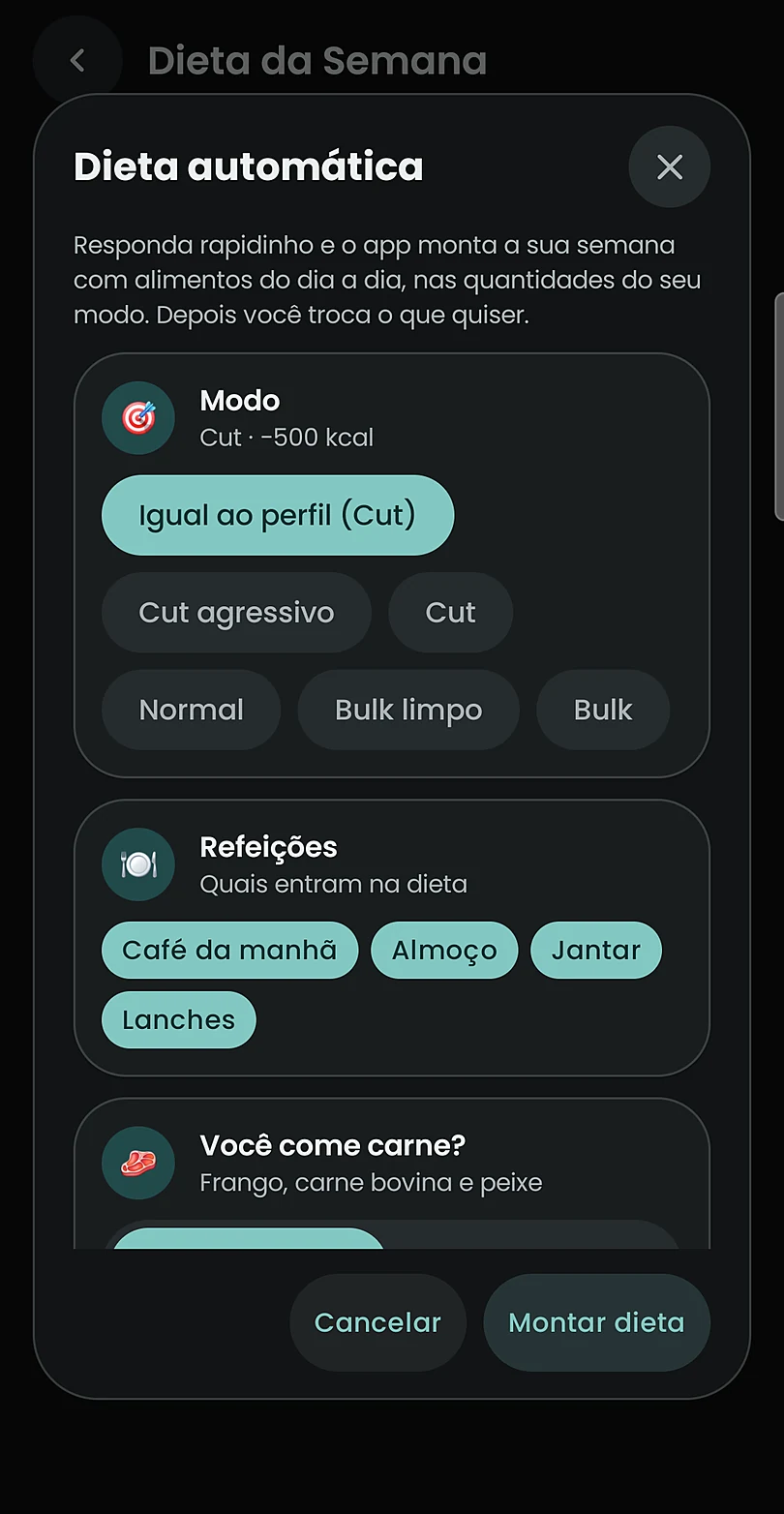 Assistente de dieta automática com os modos cut agressivo, cut, normal, bulk limpo e bulk, e perguntas sobre refeições, carne e lactose