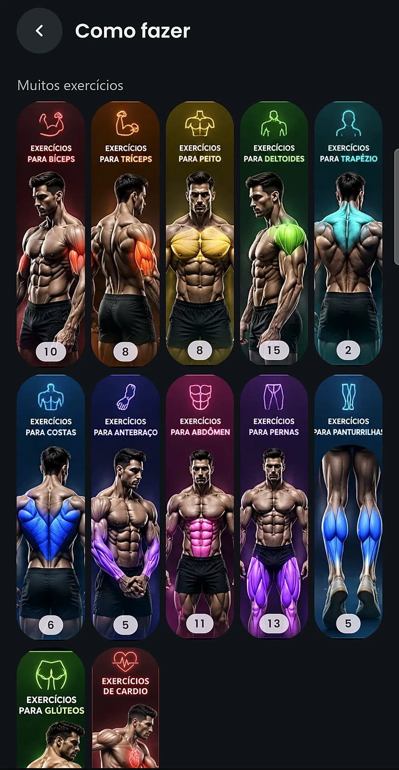 Guia Como fazer em versão masculina, por grupo muscular