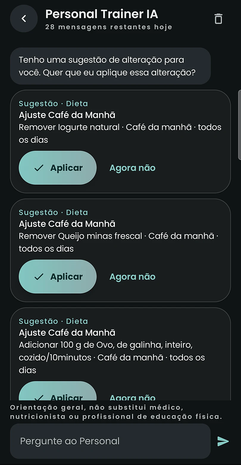 Personal Trainer propondo ajustes no café da manhã, com os botões Aplicar e Agora não