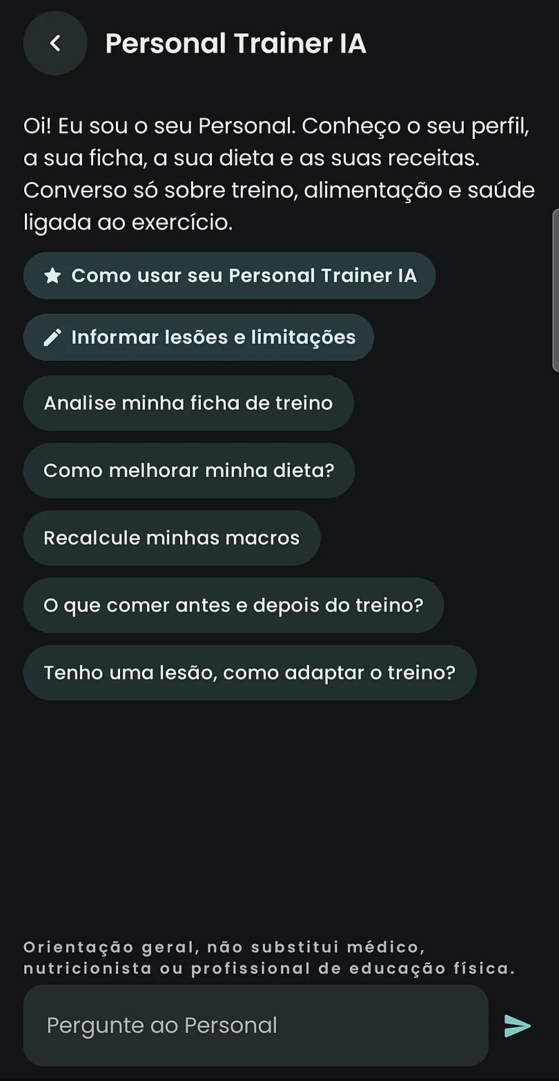Tela inicial do Personal Trainer IA com perguntas sugeridas