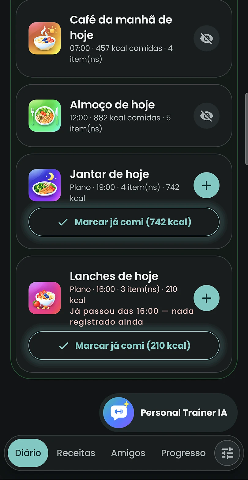Cartões de café da manhã, almoço, jantar e lanches com as calorias de cada refeição